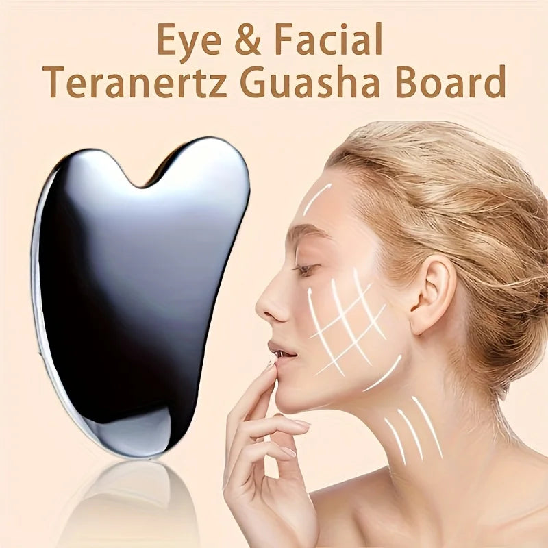 Shiny silver, dolphin-shaped metal Gua Sha tool next to a woman with directional massage lines on her face and neck.