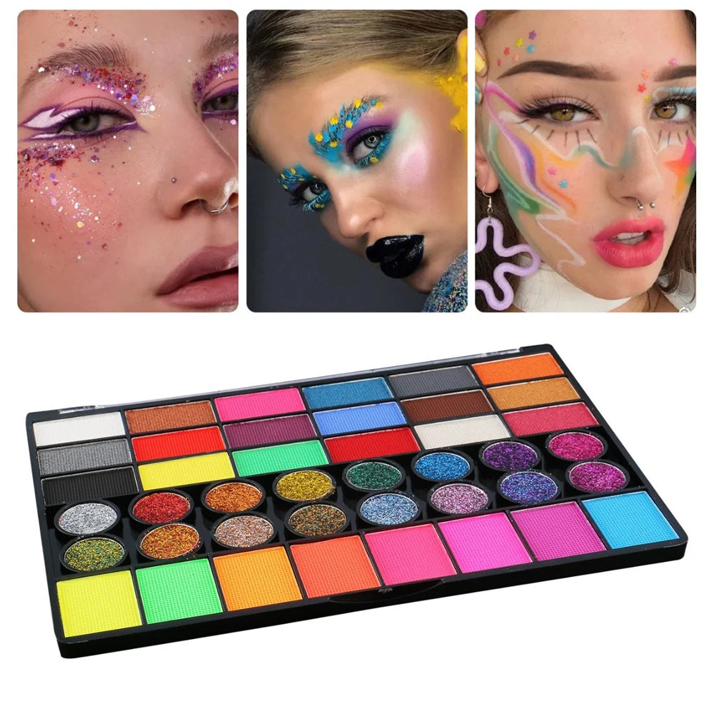 Tidesmit 42 color water soluble face body paint set neon glow festival makeup palette swatch detail