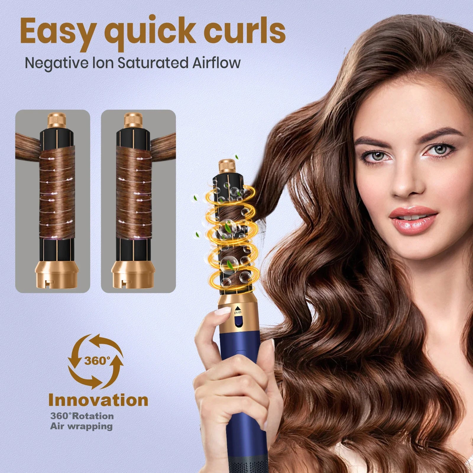 6-in-1 negative ion hair dryer brush in blue and gold, featuring a 360° auto-wrap curling iron for quick styling.