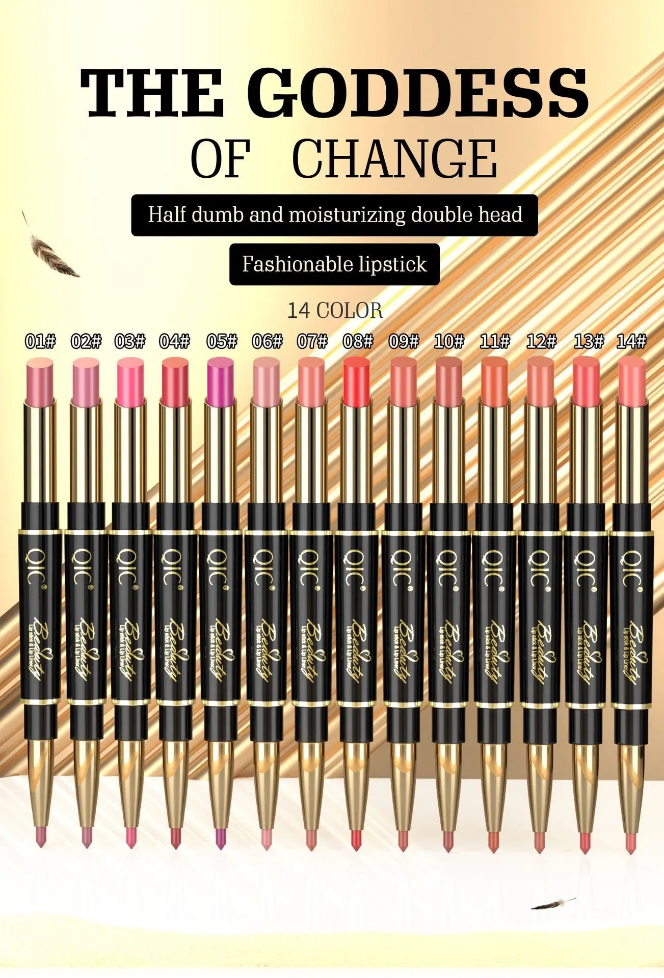 2-in-1 waterproof lip liner and matte lipstick set featuring 14 long-lasting, highly pigmented nude and red shades.