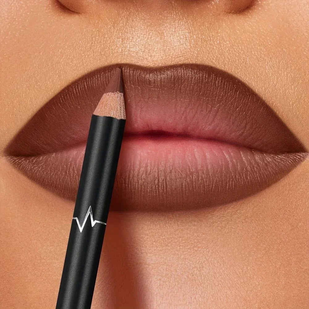 PUDAIER waterproof matte lip liner pencil applying smooth, smudge-proof brown pigment to lips for a defined, longwear look.