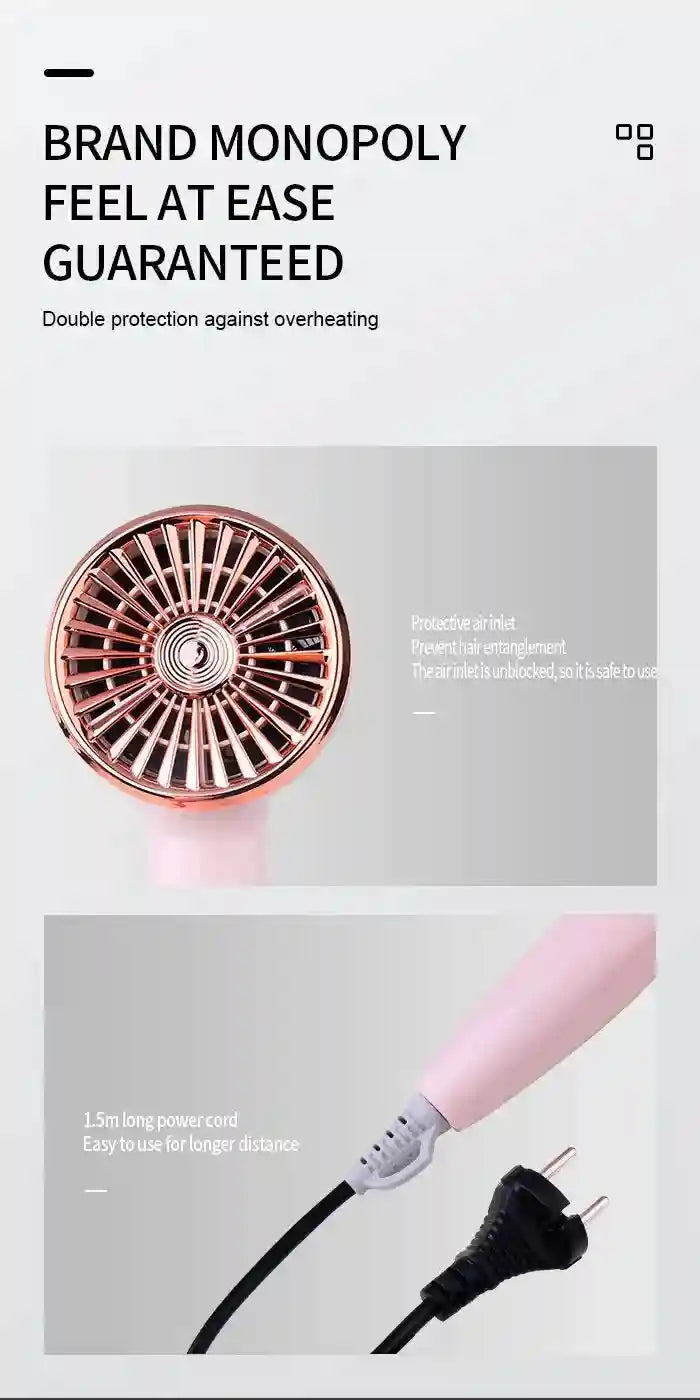 Kemei rose gold and pink foldable travel hair dryer with protective air inlet and long power cord for students.