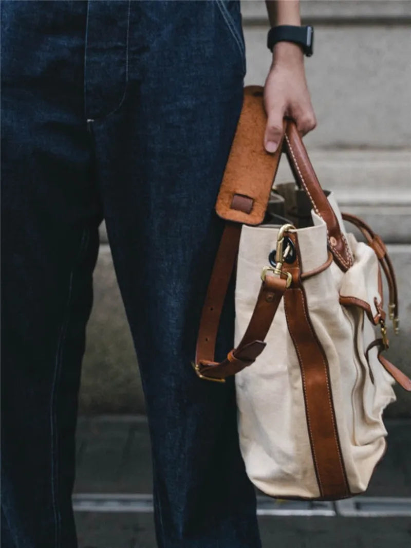 Organizers designers handmade heavy canvas genuine leather men's large-capacity handbags vintage luxury outdoor travel tote bag