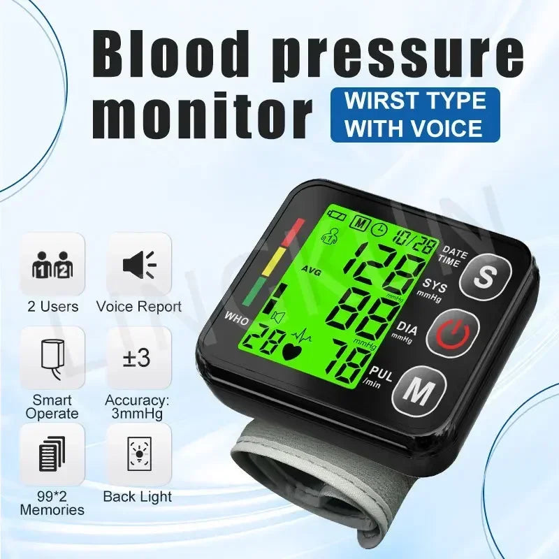 English Voice High Accurate BP Monitors Wrist Blood Pressure Monitor Tonometer Digital Sphygmomanometer Electronic Bp Monitors