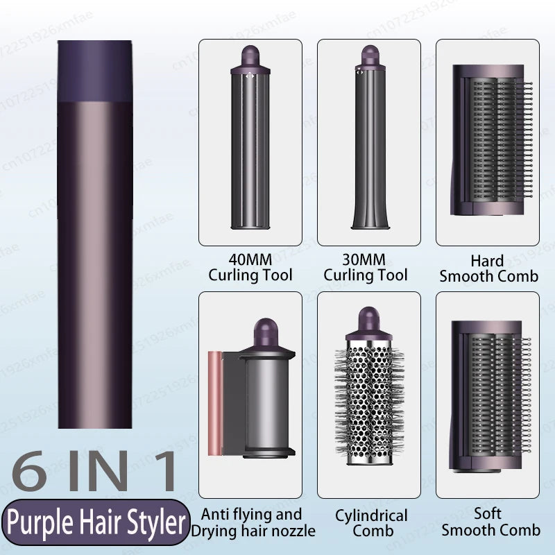 6-in-1 purple ionic hair dryer and styler set with curling barrels, smoothing brushes, and nozzle for fast drying.