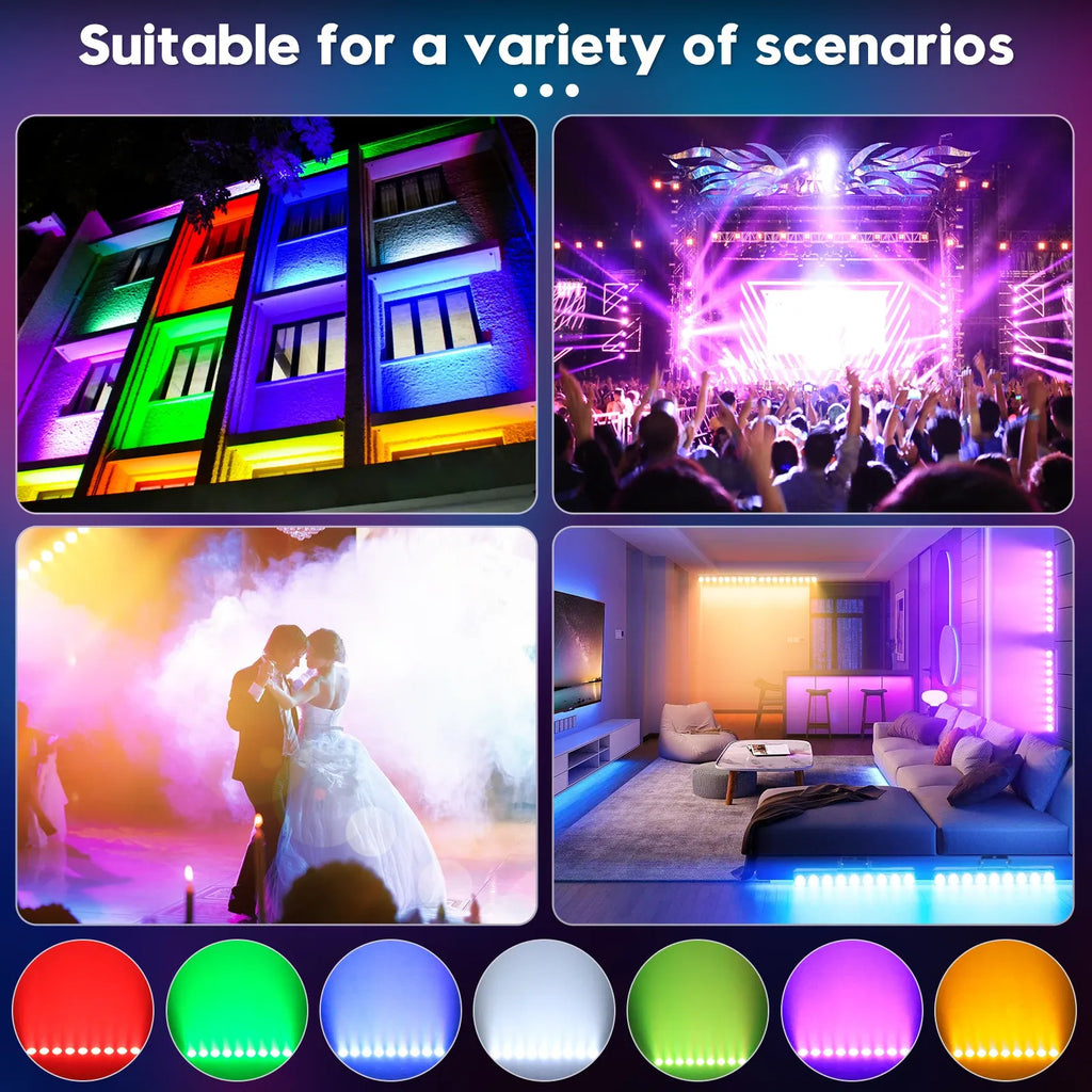RGBW LED wall wash light bar kit shown in multiple colorful lighting scenarios