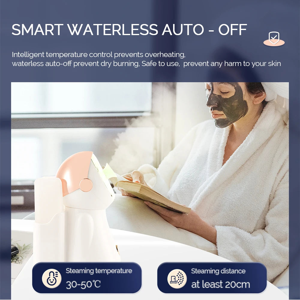White and peach astronaut-shaped facial steamer emitting steam while a person uses a face mask.