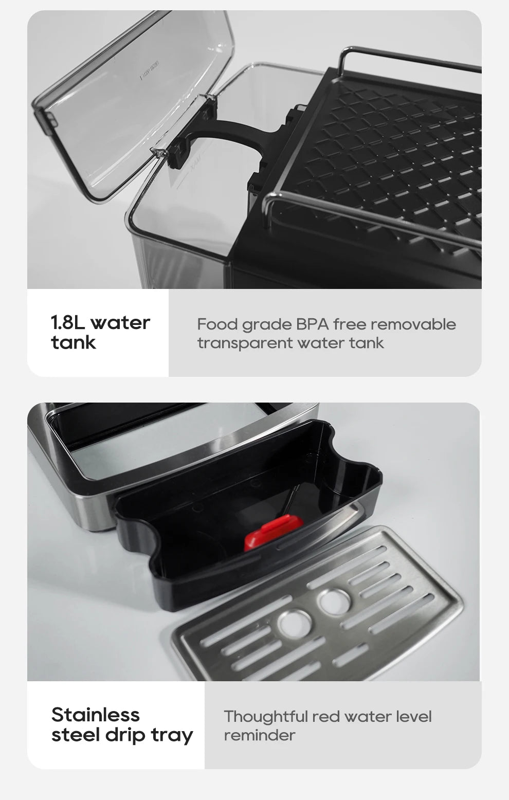 Coffee machine 1.8L BPA-free transparent water tank and stainless steel drip tray with red level indicator.