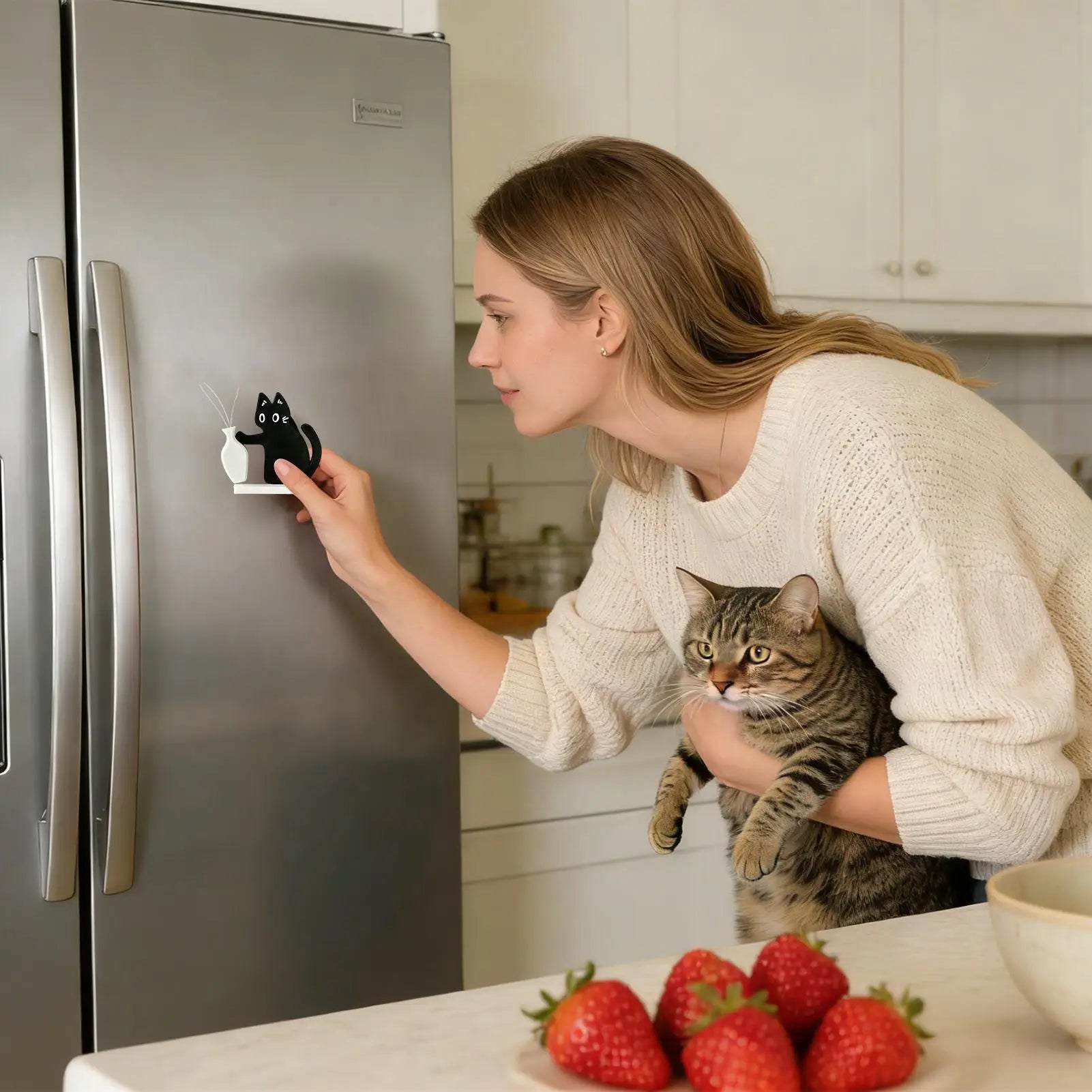 Black cat memorial vase and whisker keepsake magnet on fridge—perfect pet loss comfort gift for cat lovers.