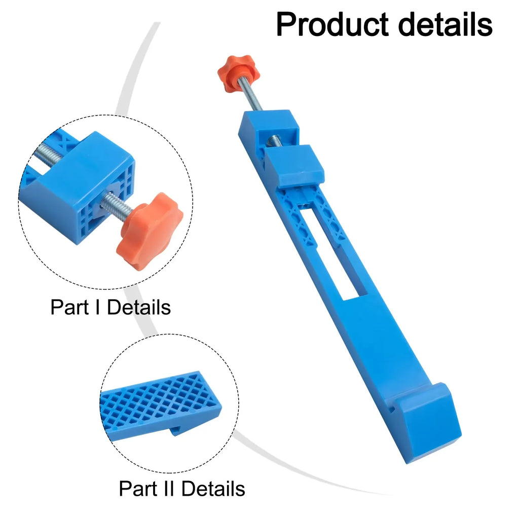 Blue edge guide rail with orange knob, part detail close-up for circular saw