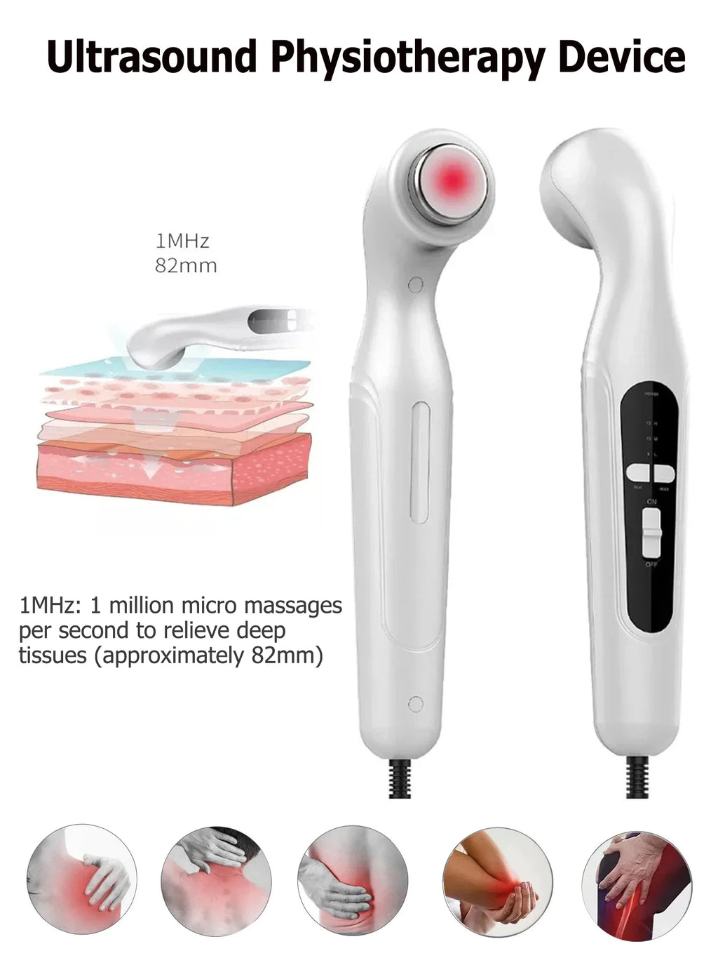 White handheld ultrasound physiotherapy massager for deep tissue pain relief, arthritis, and muscle stimulation therapy.