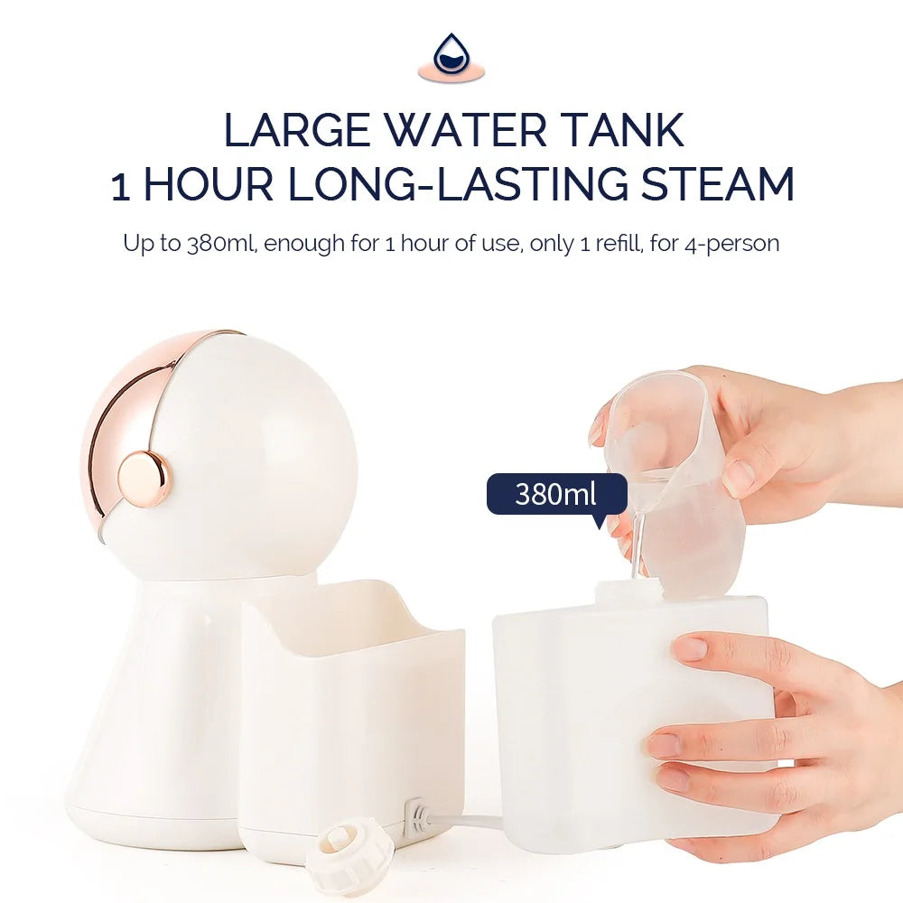 Refilling the 380ml water tank of a white and rose gold portable nano ionic facial steamer for home spa skin care.