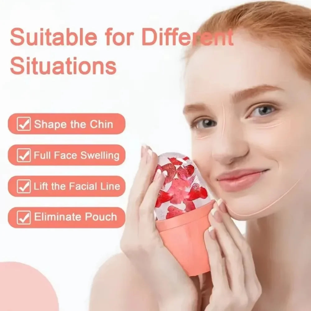 A woman holds a peach-colored silicone ice face roller filled with red rose petals against a text-heavy background.