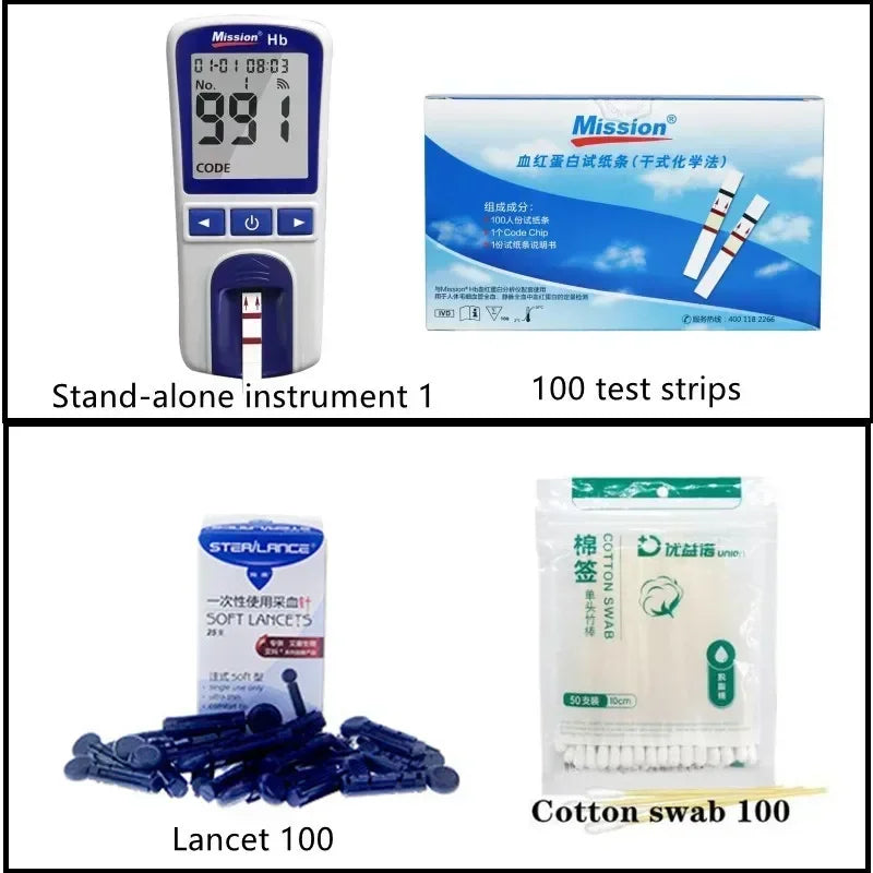 Mission Hb hemoglobin testing kit with portable digital meter, 100 test strips, lancets, and cotton swabs for home use.