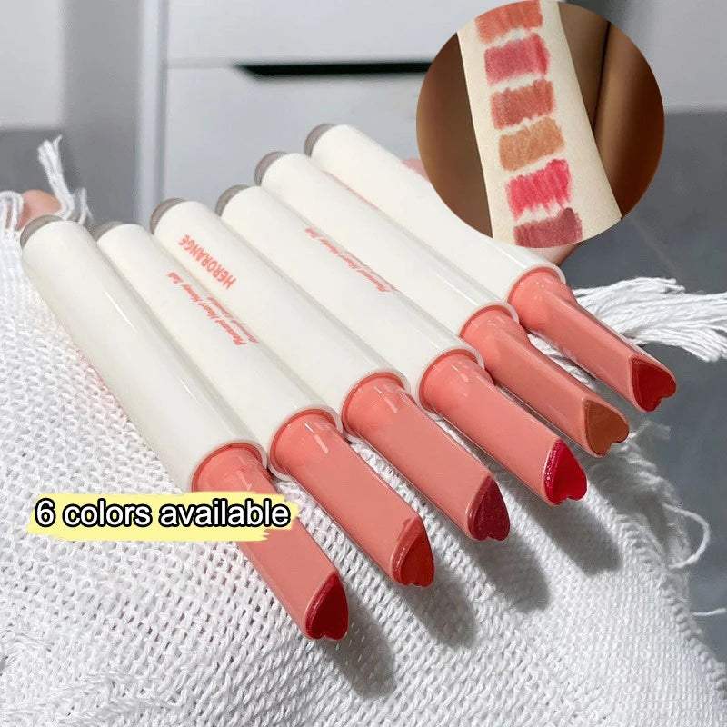 Heart-shaped jelly lipstick pens in 6 glossy, moisturizing shades for a mirror-like finish. Korea-style lip makeup.