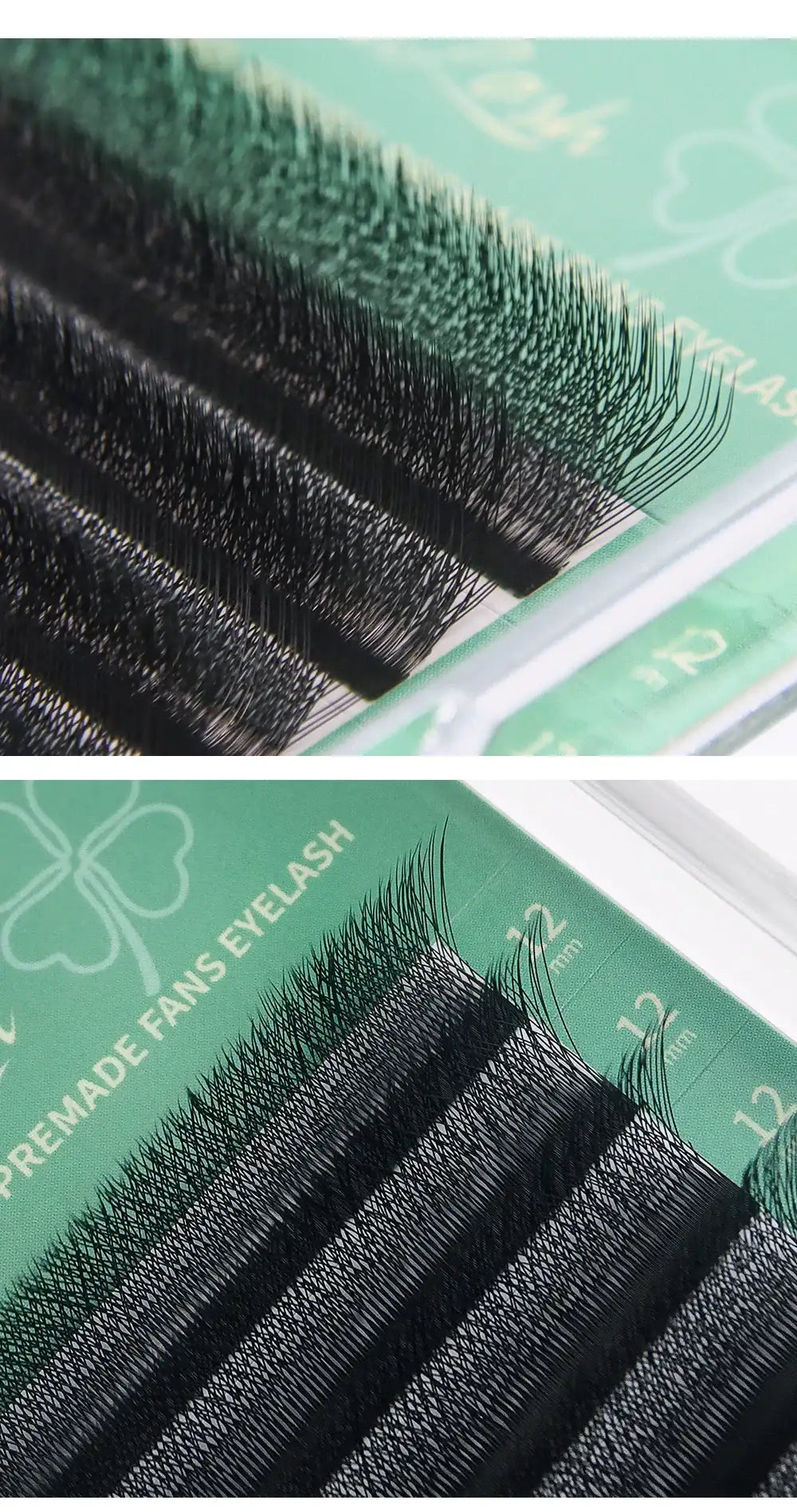 Black premade eyelash extension fans on a green adhesive strip, labeled 12mm for professional lash application.