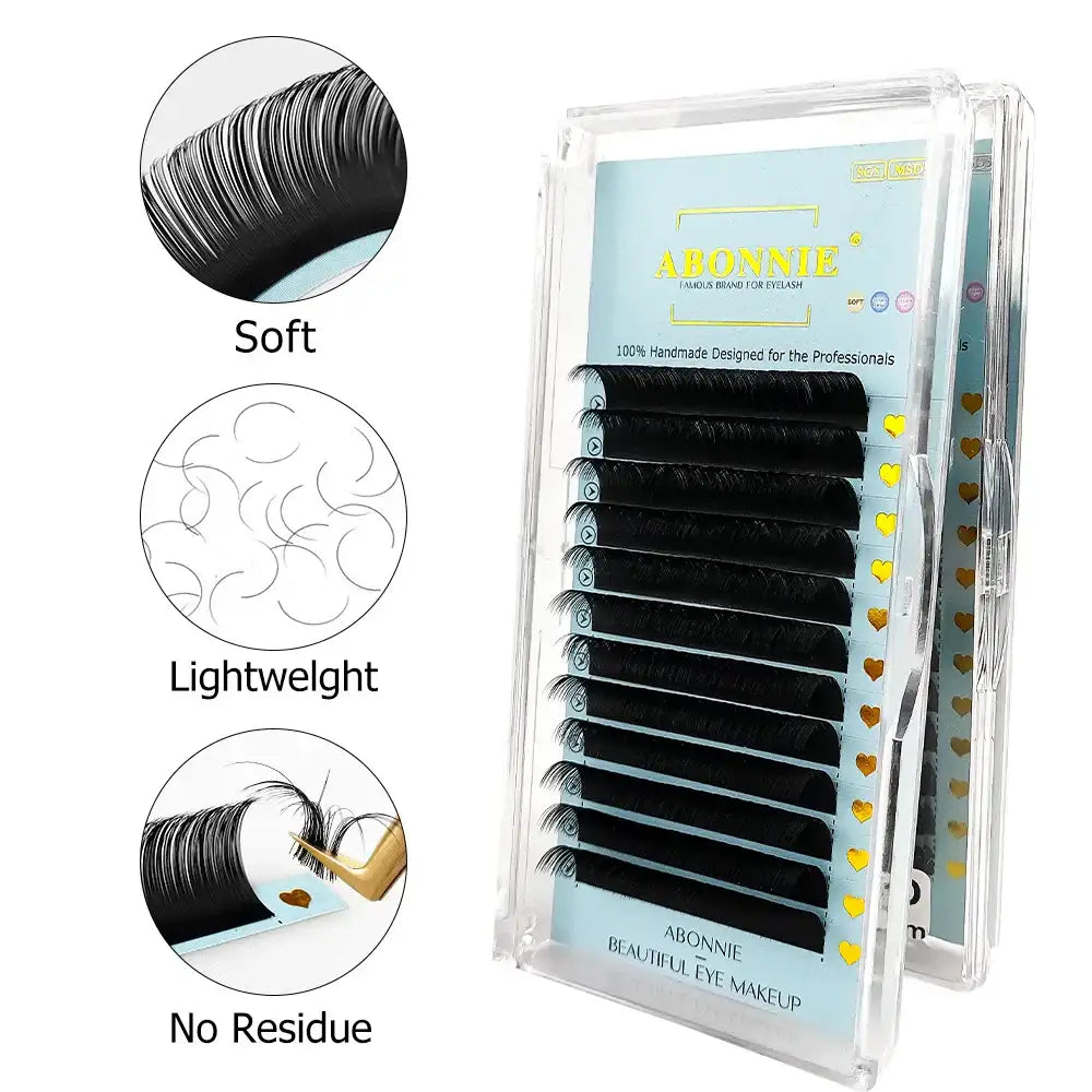 Abonnie ultra-matte black individual eyelash extensions in a clear display case with soft, lightweight, clean strips.