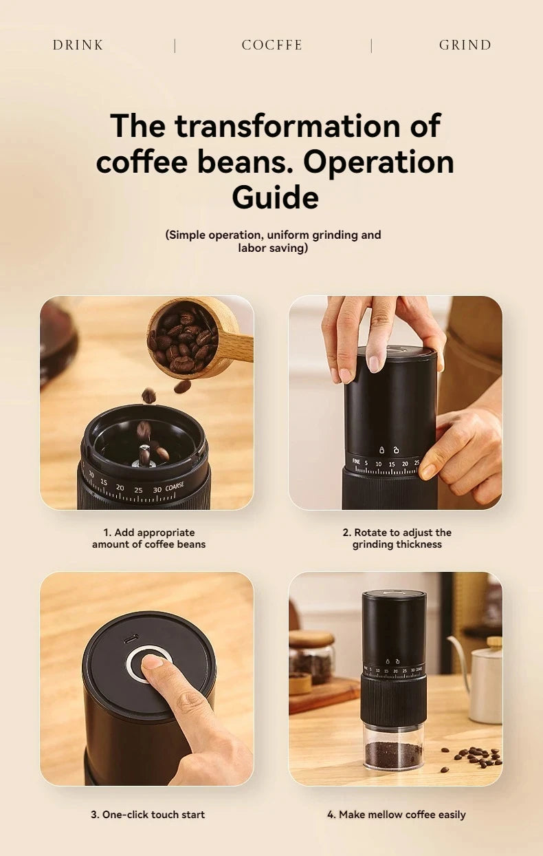 Instruction guide for a portable, matte black electric coffee bean grinder with adjustable thickness settings.