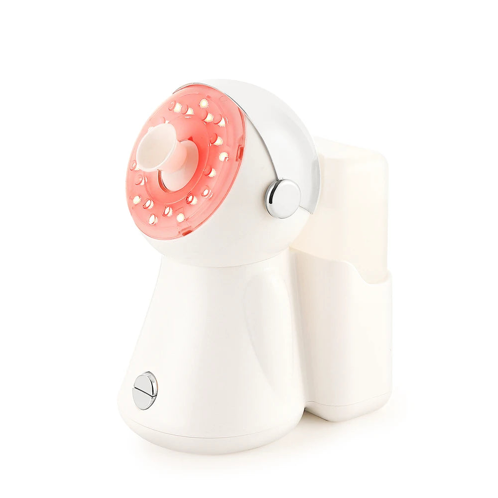White facial steamer with a pink LED light ring and a water tank, used for hydrating and deep cleaning skin.