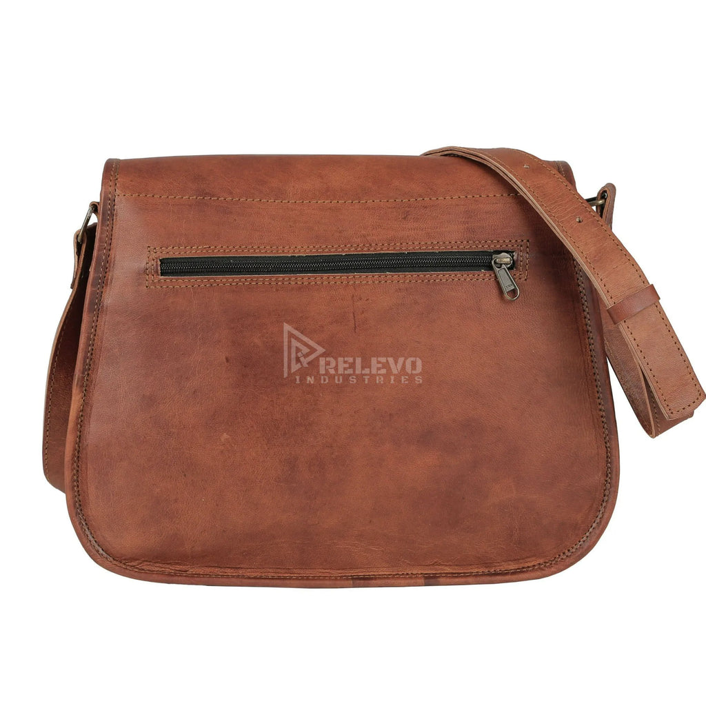 Brown genuine leather designer crossbody bag with adjustable shoulder strap and secure exterior zipper pocket.
