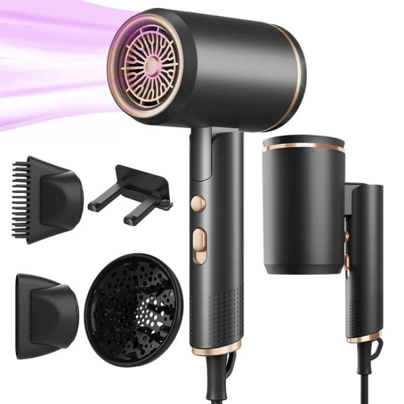 Black 2400W foldable hair dryer with gold accents, multiple nozzles, and diffuser for professional fast drying.