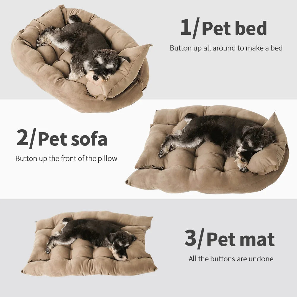 Convertible tan plush dog bed, sofa, and mat for cats and dogs. Soft, warm, button-up design for cozy pet sleeping.