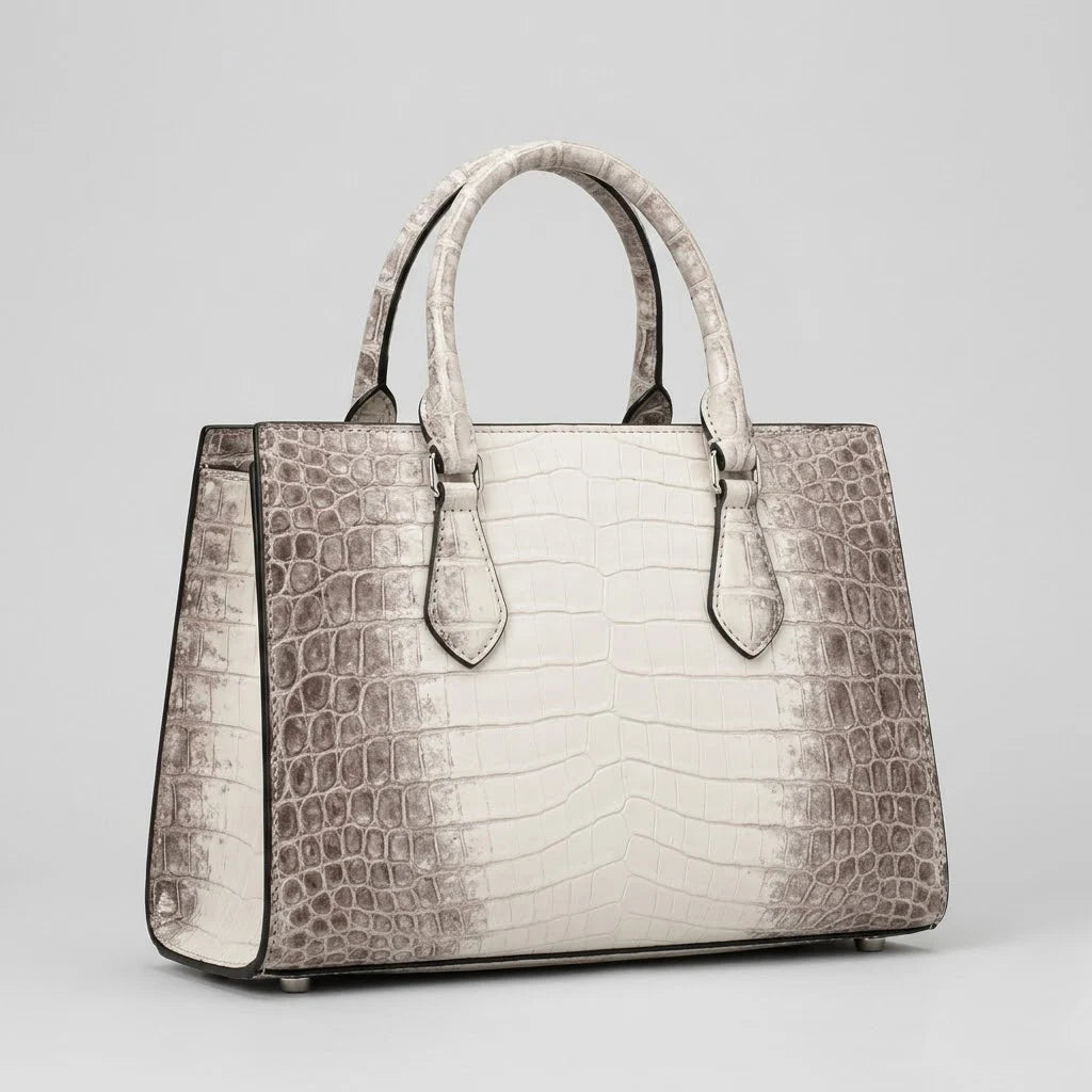 White and grey alligator embossed genuine leather designer handbag with dual top handles and vintage structured shape.