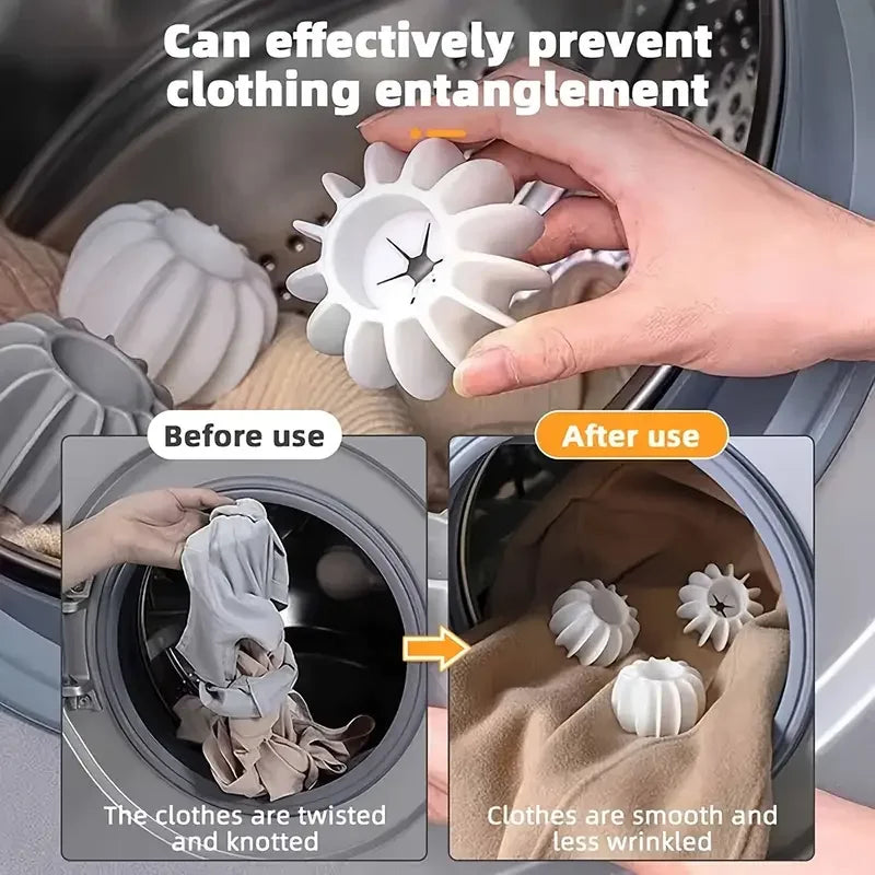 Reusable white silicone laundry balls remove pet hair and prevent clothing tangles in the washing machine.