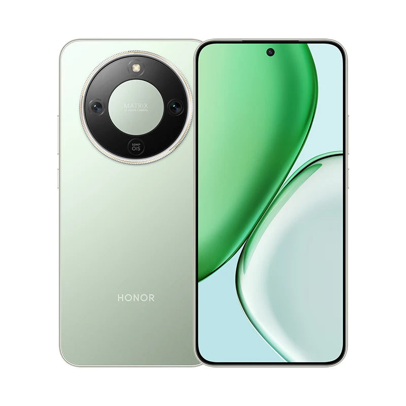 Honor X70 light green smartphone front and back view, 50MP Matrix camera, 6.79" 120Hz AMOLED display.
