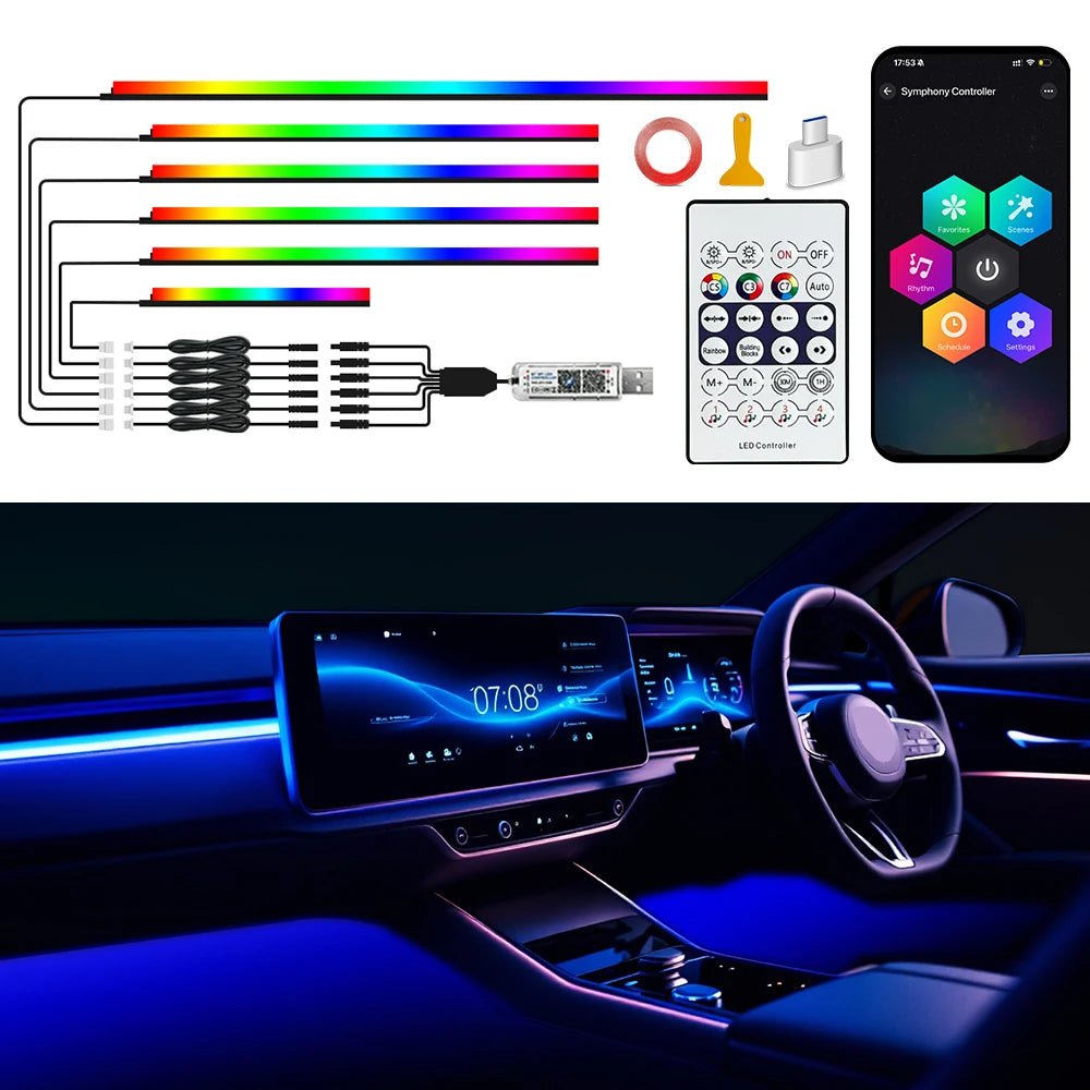 RGB Car Ambient LED Strip Lights with Music Sync App Control Tidesmit