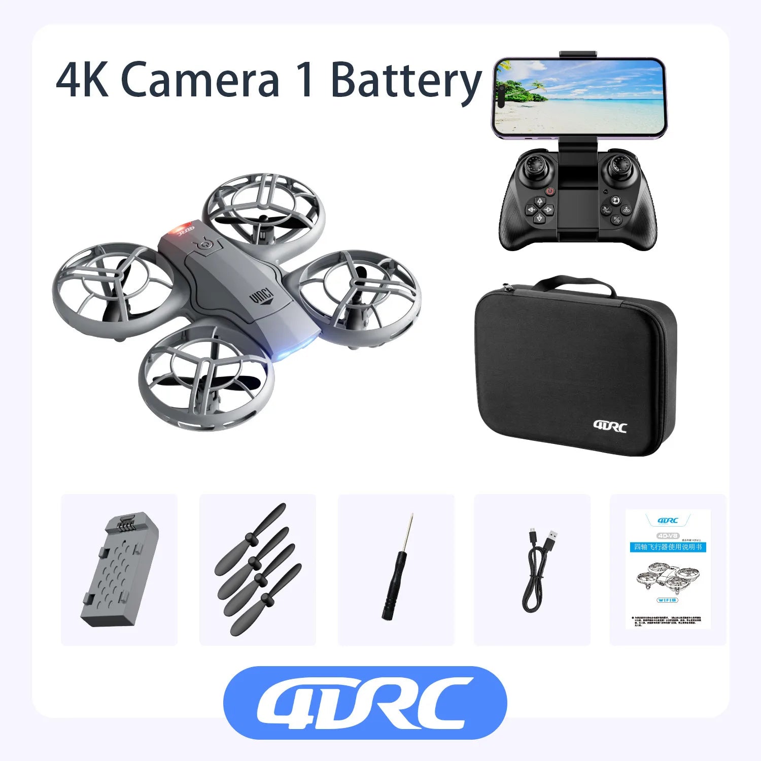 Gray 4K camera drone with propeller guards, remote controller with phone mount, carrying case, battery, and accessories.