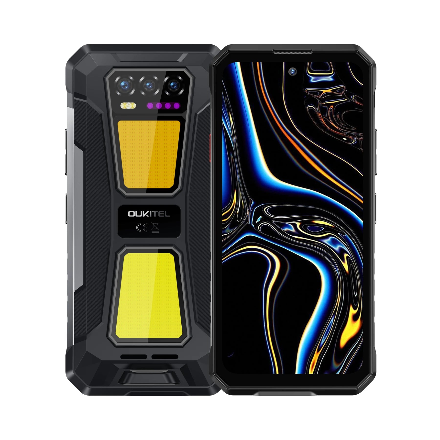 Black OUKITEL WP58 Pro 5G rugged phone, front and back view, dual camping lamps, 10000mAh, 24GB/512GB, Android 15.