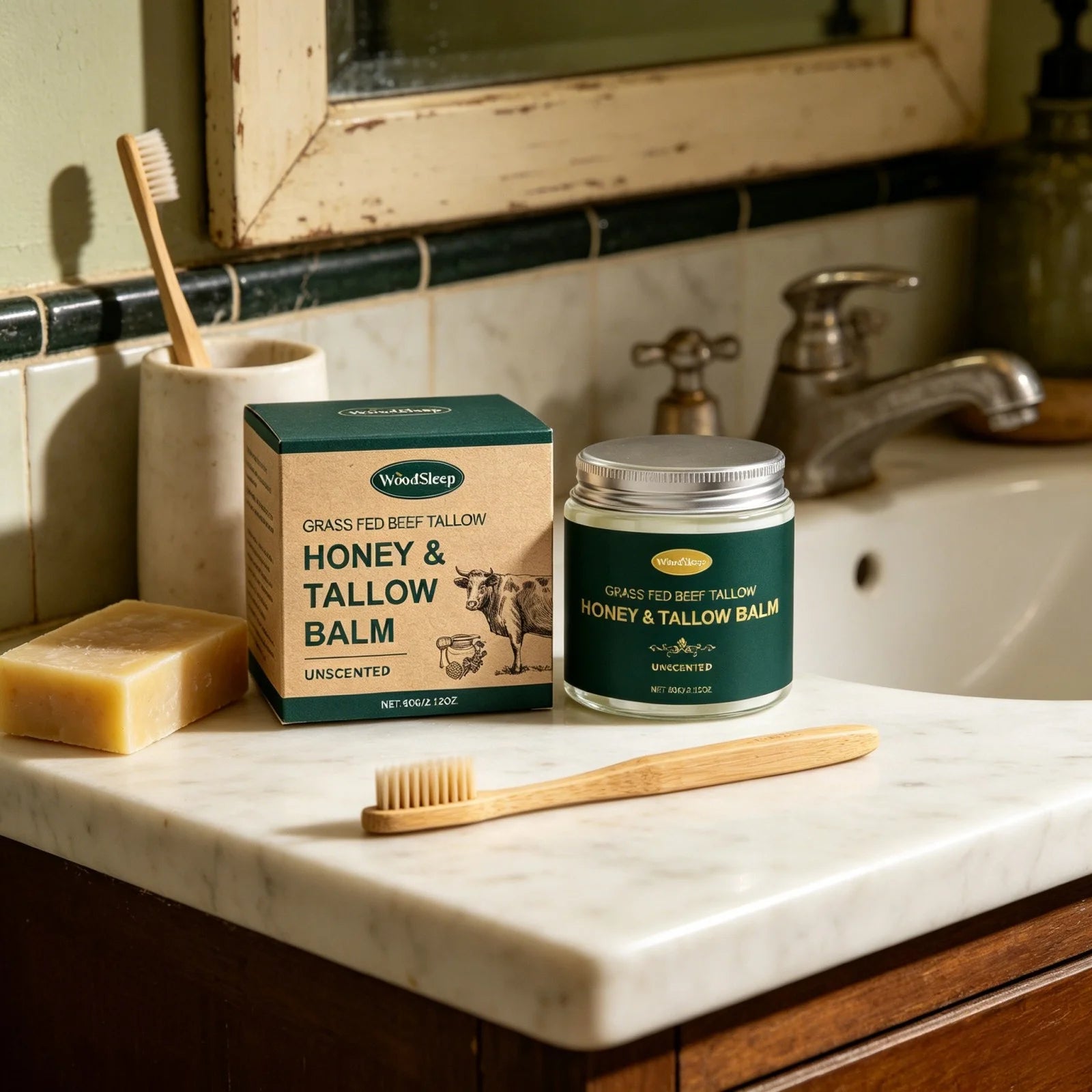 Woodsleep Organic Grass Fed Beef Tallow Balm Unscented Facial Rejuvenation Cream Deep Hydration Lifting Face Care Honey Extract
