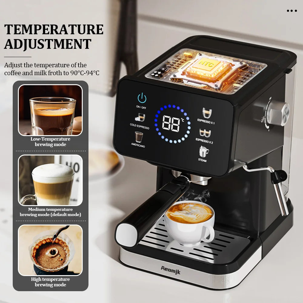 Aeomjk black espresso machine with digital touch display, NTC temperature control, and milk frother steaming wand.