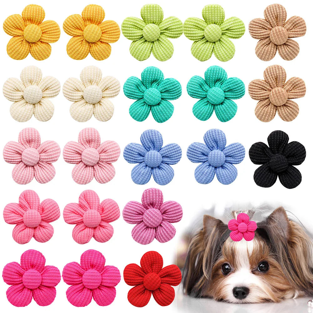 Colorful flower dog hair bows with rubber bands for small pets. Durable, cute grooming accessories for cat or dog hair.