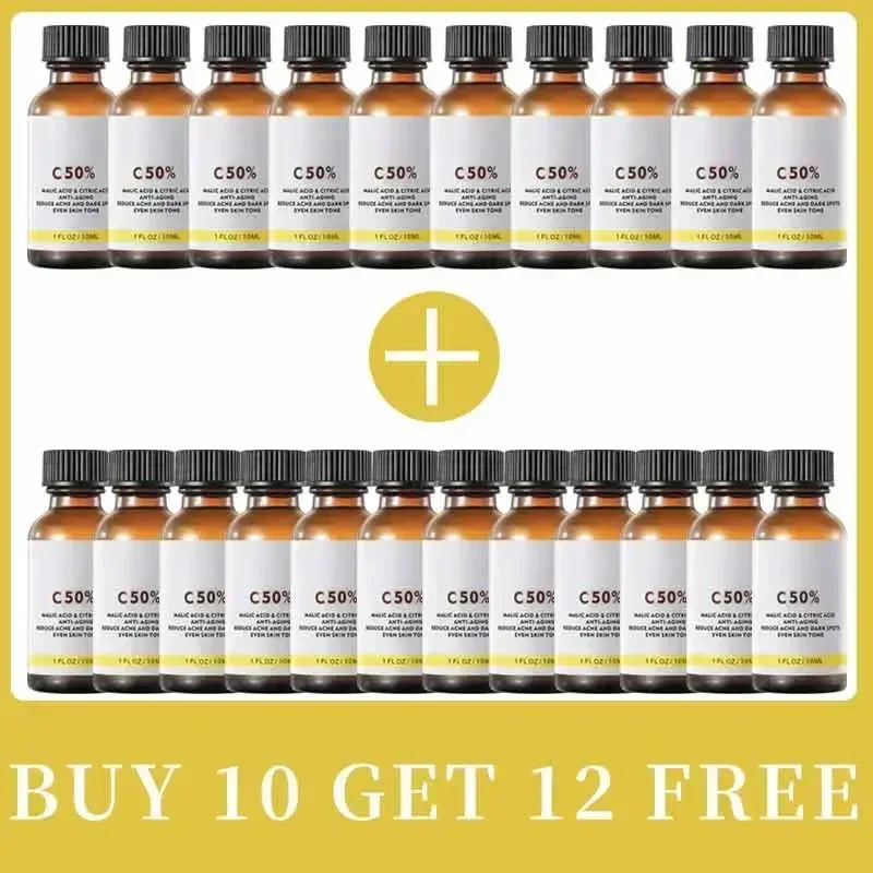 Large bundle of many C50% peel serum bottles with amber glass and black caps, arranged in rows