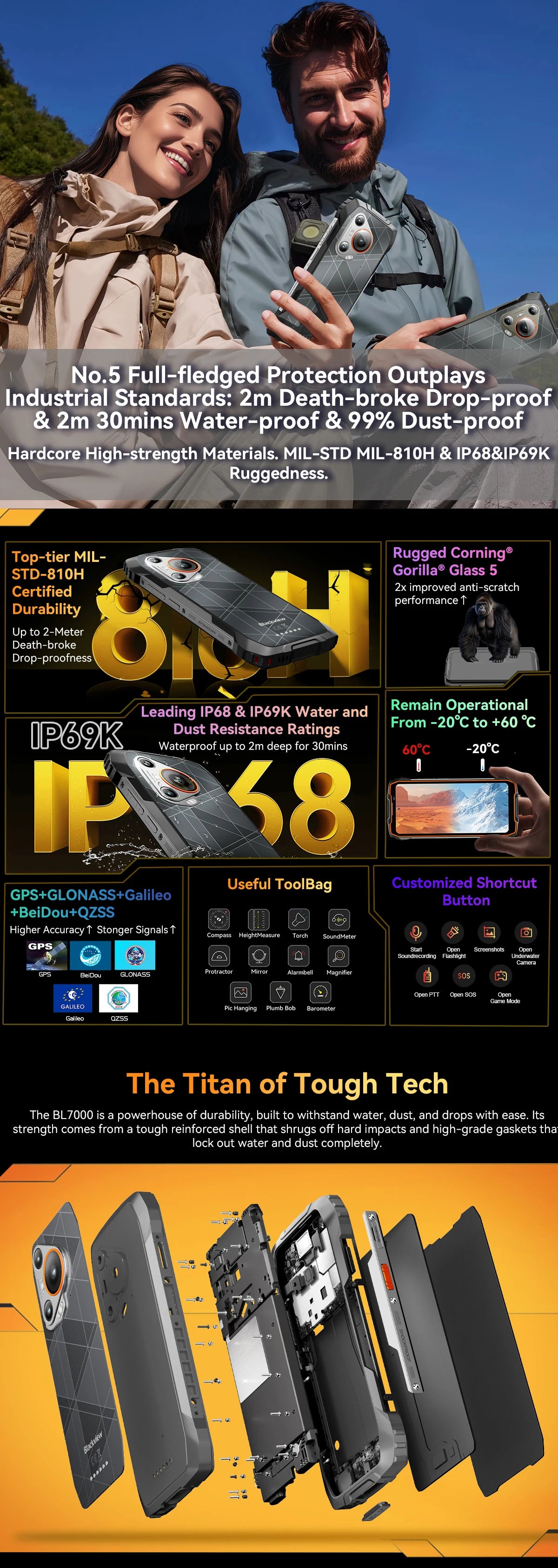 BLACKVIEW BL7000 5G AI Rugged Phone Deepseek GPT Android 15 Smartphone, 6.78" HD+2.4K Display 120Hz, 8GB RAM 256GB, 7500Amh