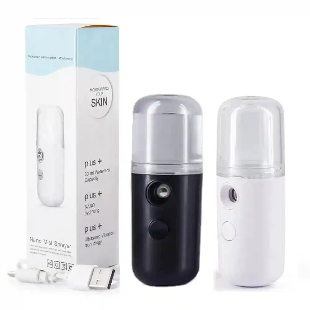 Portable black and white nano facial mister sprayers with USB cable and packaging for skin hydrating and makeup.