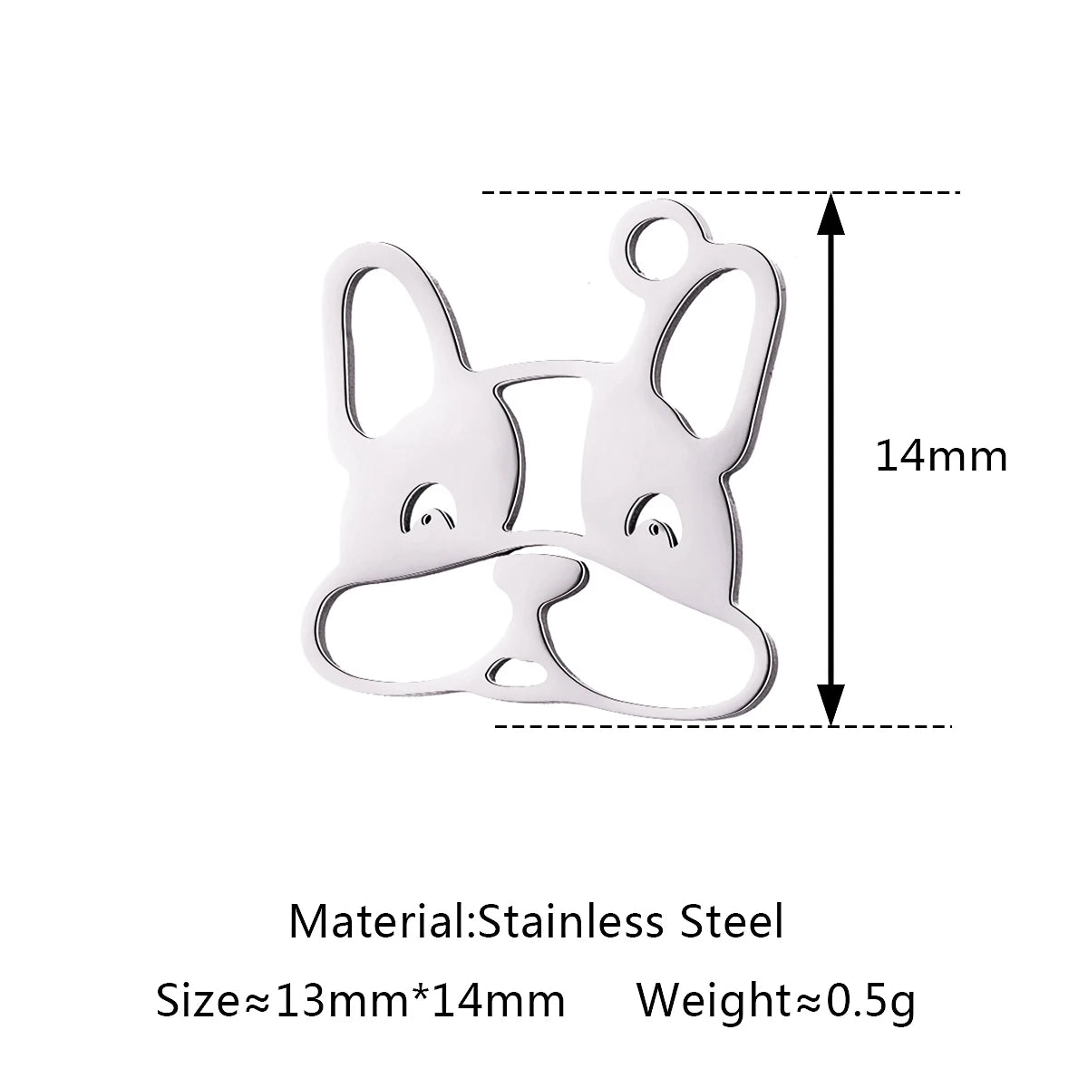 Silver stainless steel French bulldog pendant charm for DIY jewelry making, 13x14mm pet-themed craft accessory.