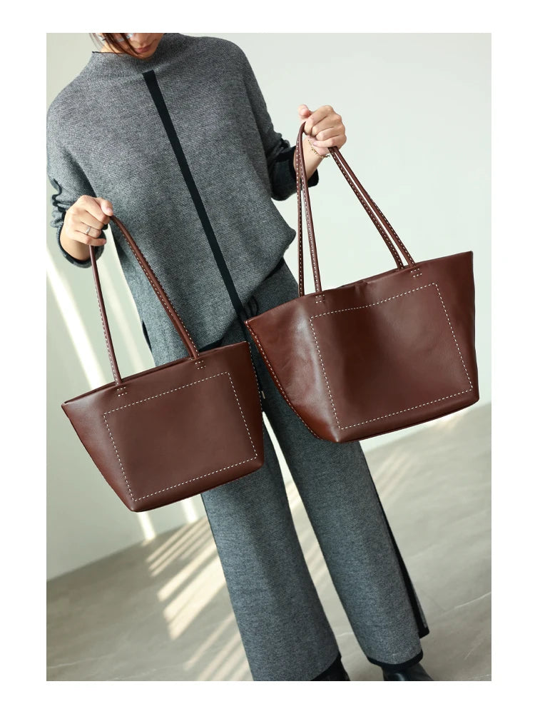 Women Large Capacity Genuine Leather Tote Soft Shoulder Bag