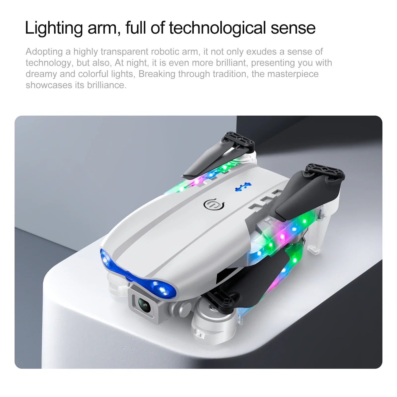 Foldable white camera drone with LED-illuminated transparent arms and black propellers for aerial photography.
