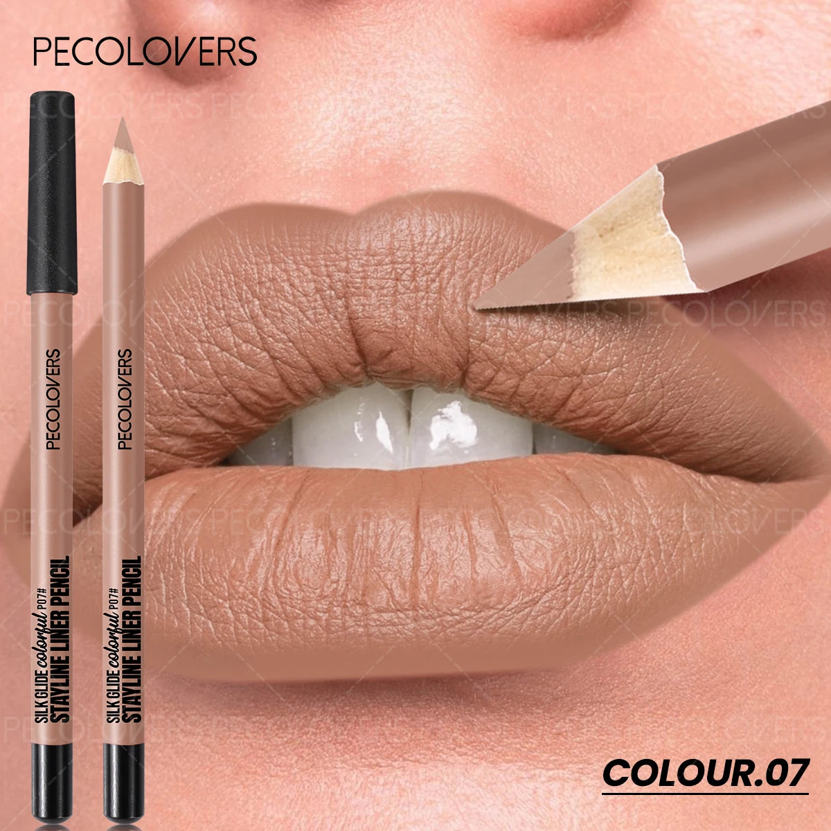Matte brown lip liner pencil in shade 07, featuring long-lasting waterproof formula and smooth, creamy application.