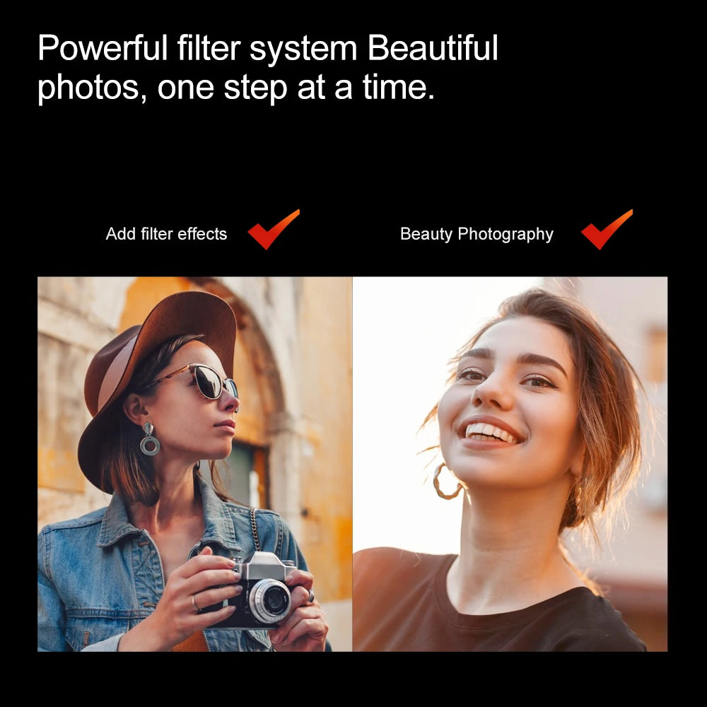 Side-by-side comparison of a woman using a camera and a portrait showing photographic beauty filter effects.