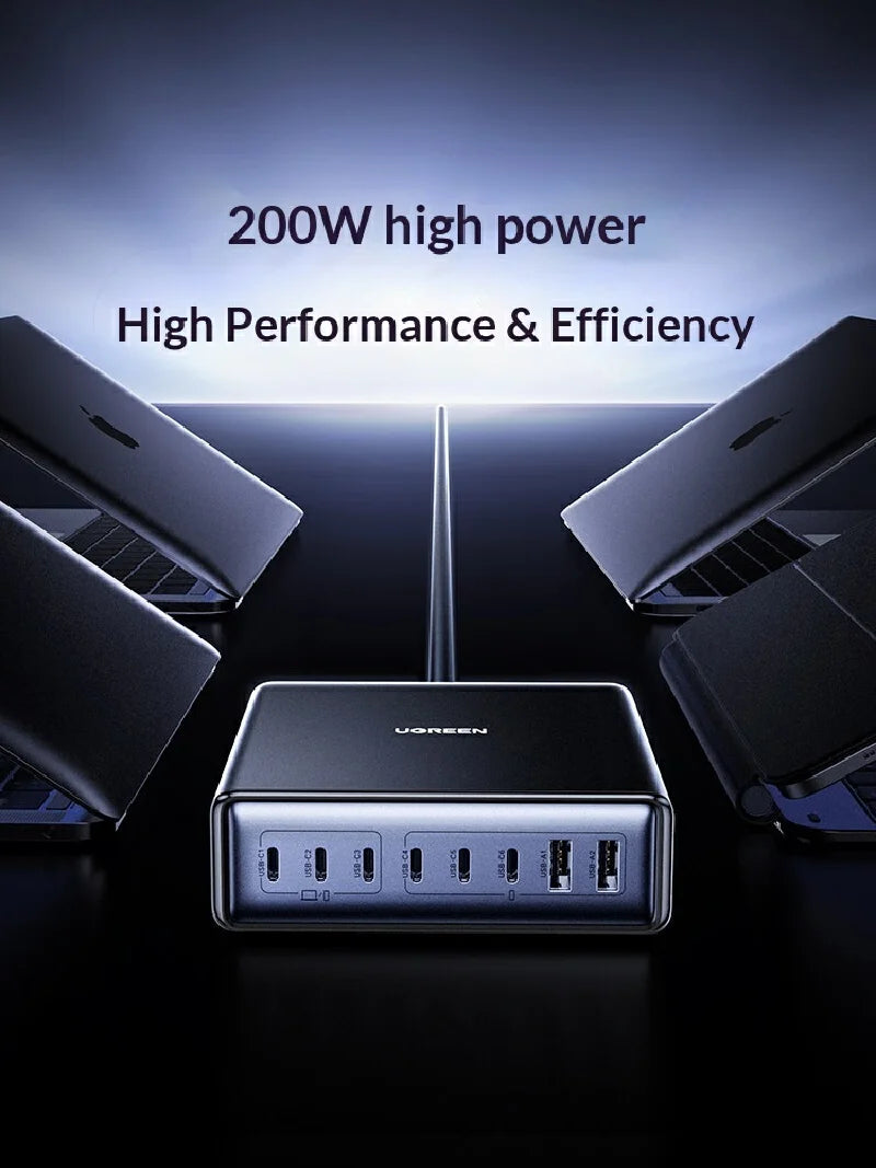 UGREEN 200W GaN Charger 8 in 1 Desktop Laptop Fast Charging Stand For Phone Tablets Smart Watch Desktop Charging Station iPad