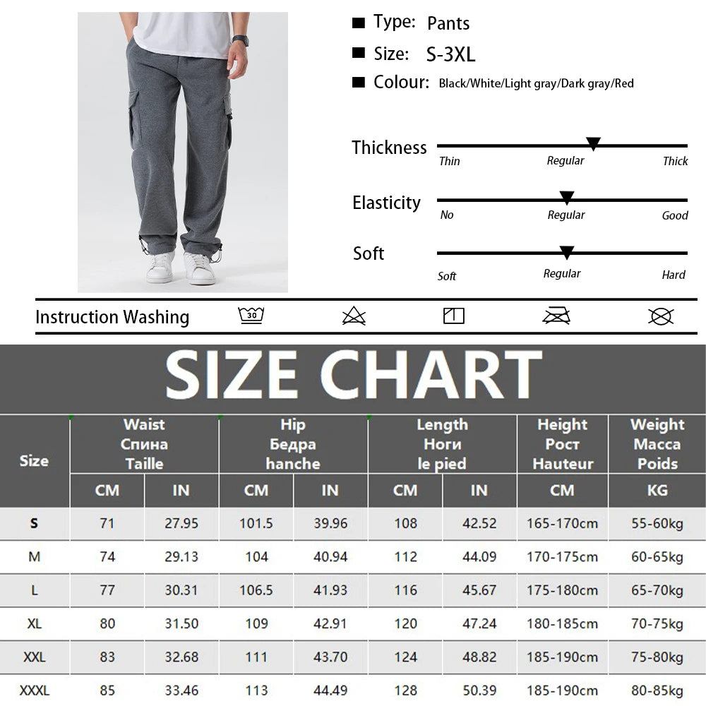 Men's Multi-Pockets Sweatpants Autumn Winter Drawstring Straight Fit Pants Running Jogger Sports Gym Trousers Male Loose Pants