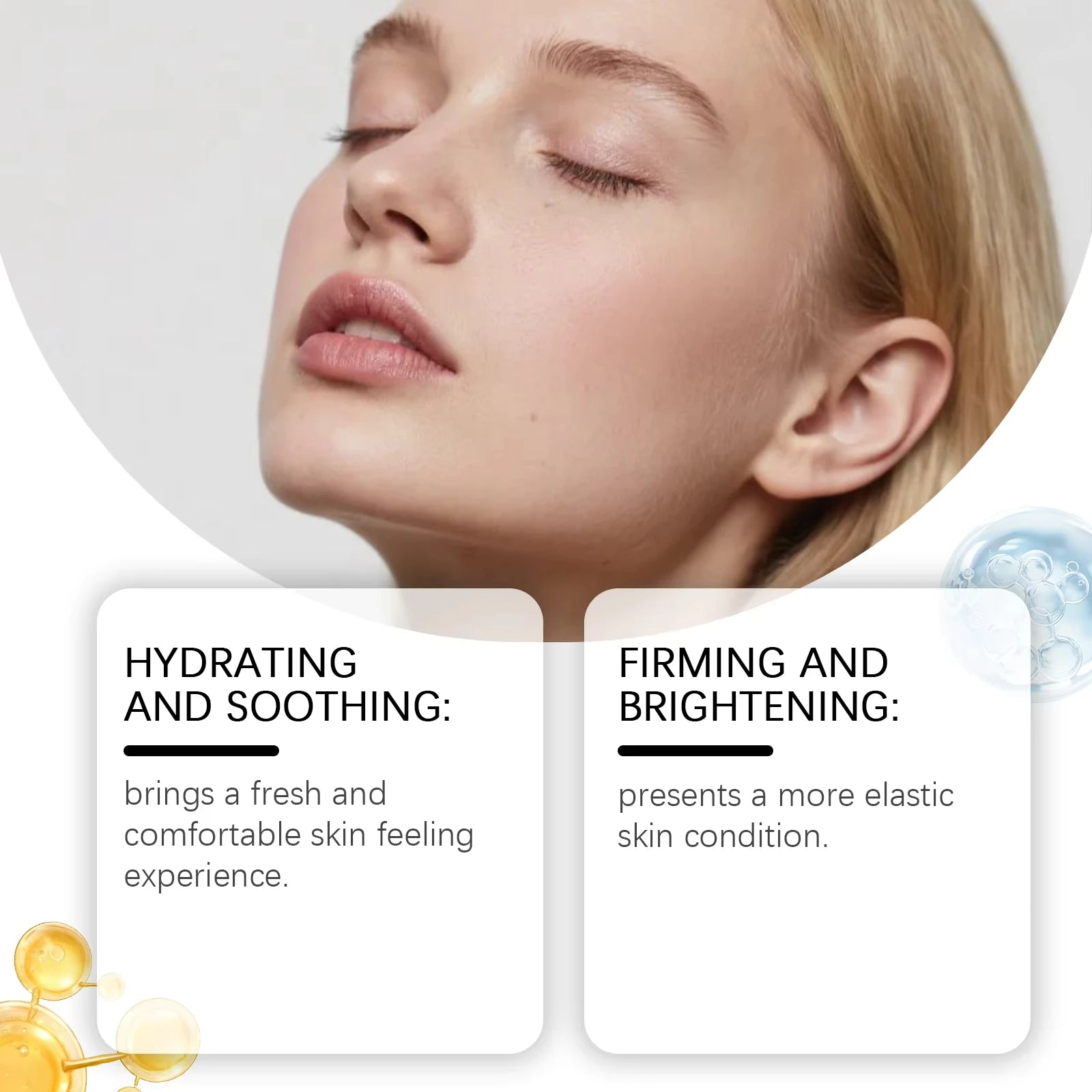 A woman with glowing skin, with text boxes describing the benefits of a collagen anti-wrinkle essence set.
