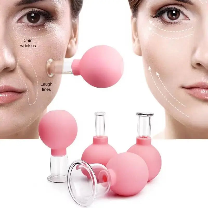A collection of pink rubber and glass facial cupping tools shown being applied to a face to reduce wrinkles.