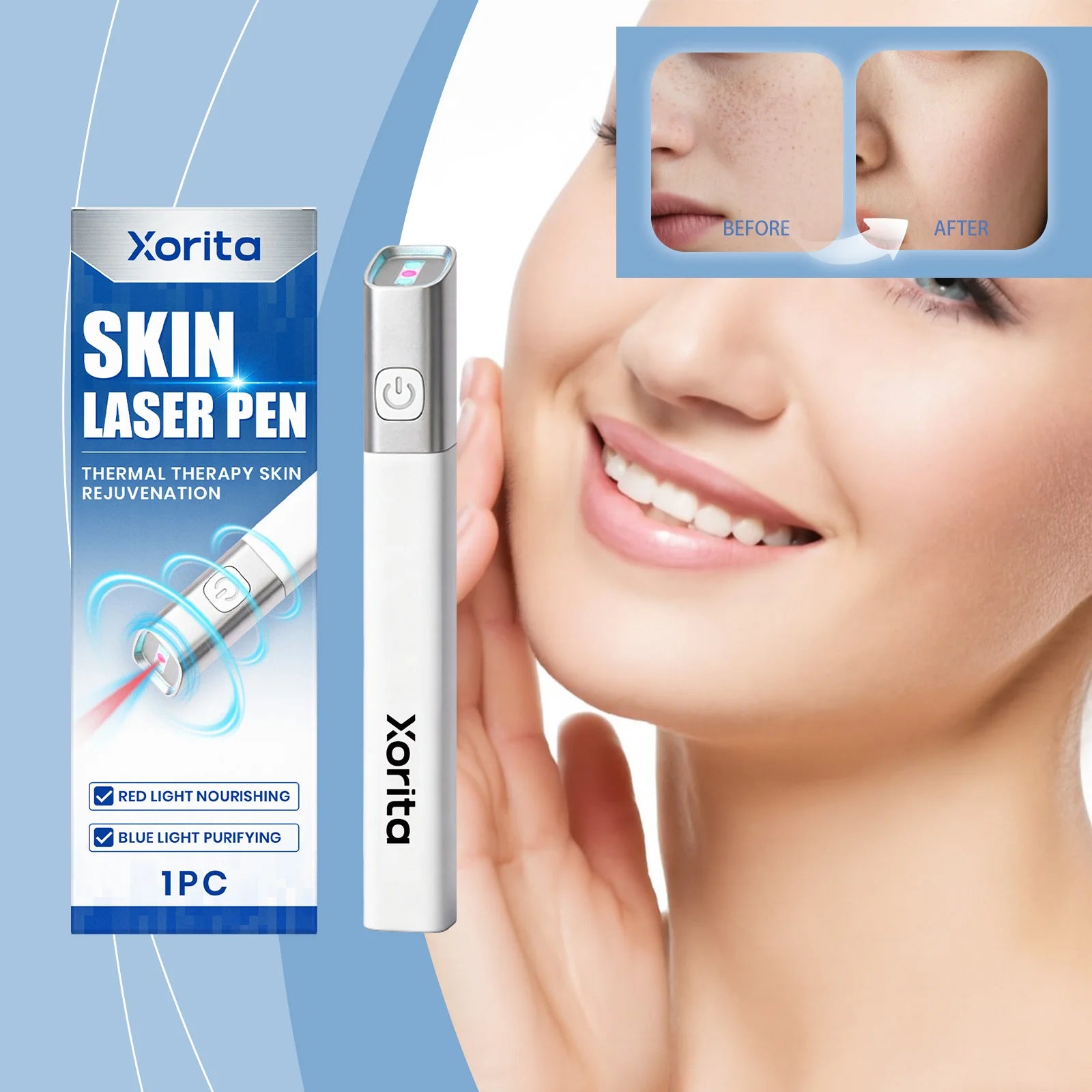 Xorita laser plasma pen for skin tag, freckle, and wart removal with red and blue light therapy for skin rejuvenation.