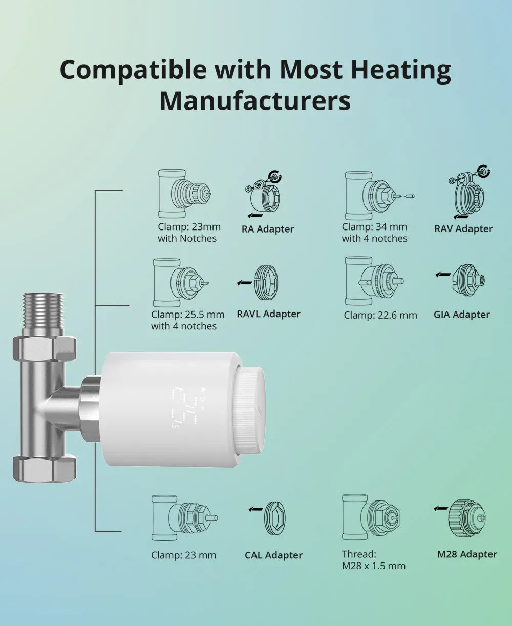 White Zigbee thermostatic radiator valve with adapter compatibility options