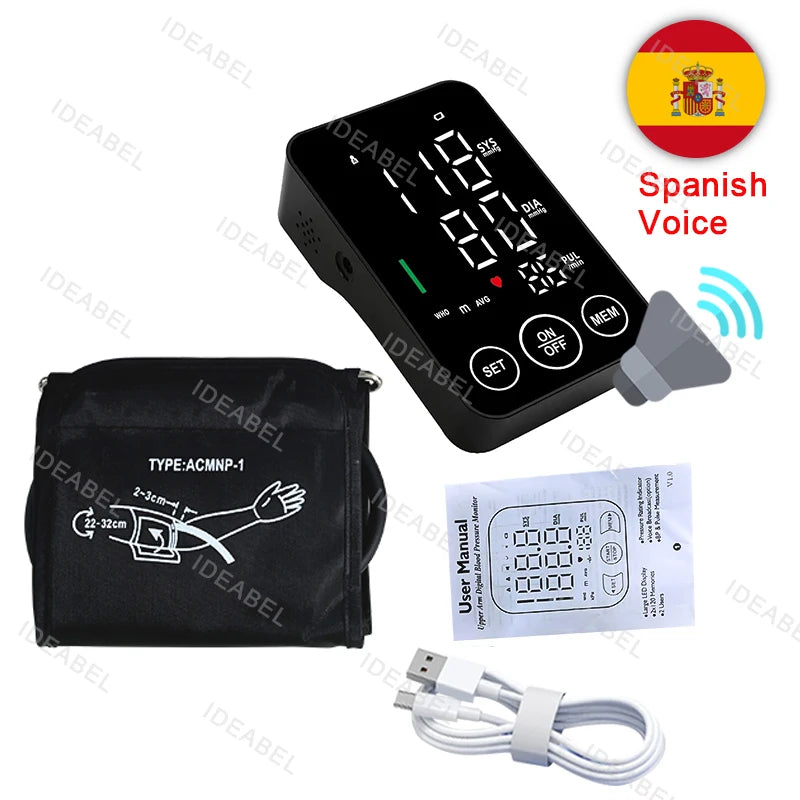 Spanish Voice Medical Digital Lcd Upper Arm Blood Pressure Monitor Cuffs Home Heart Rate Meter Tonometers Large Cuff Automatic